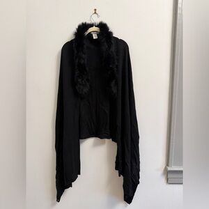InCashmere Real Fox Fur Trim Cashmere Shawl Shrug- Black